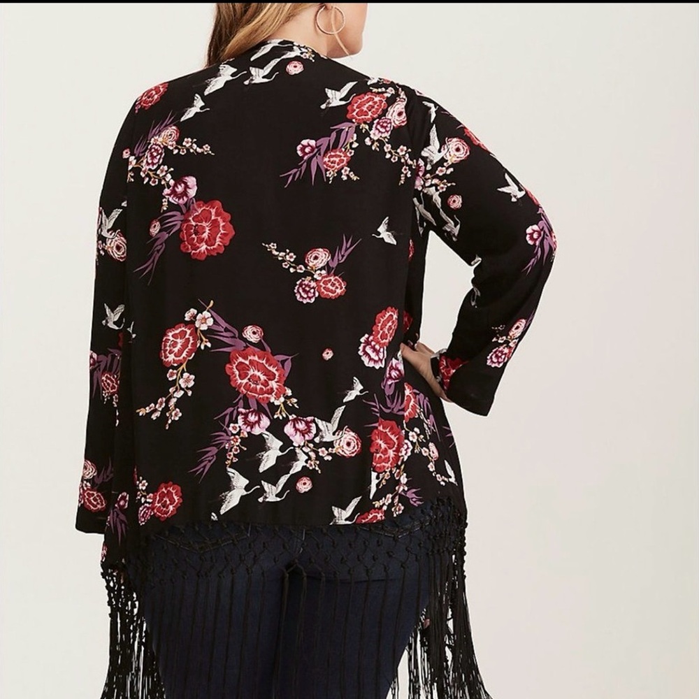 Torrid Floral Fringe Kimono Duster 2X Black Pink Boho - Picture 2 of 13